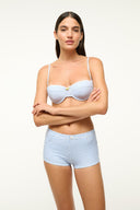 Light blue micro-check bikini bottom, front view with fitted leg openings.