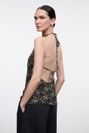 Dark speckled halter top with open back and tie straps
