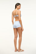 Light blue micro-check bikini bottom, back view with slim coverage.