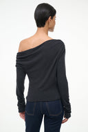 Charcoal long-sleeve draped back top with gathered shoulder ruching