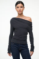 PHILOMENA charcoal one-shoulder draped top with ruched asymmetrical neckline