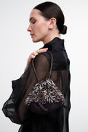 Black multi beaded pom-pom shoulder bag with chain handle