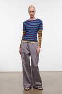 Wide-leg pants with elastic waistband, textured zinc-gray fabric, loose fit