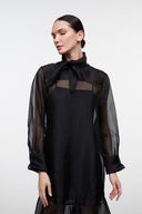 Black sheer overlay dress with high neck bow and long sleeves