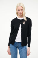 Black cashmere cardigan with button front and dog graphic patch