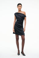 Black one-shoulder mini silk dress with draped crossover detail on bodice