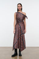One-shoulder silk dress with tie detail, black rust and cream geometric stripe print