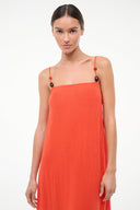 Orange-red square-neck cover-up dress with thin straps and beaded hardware