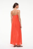 Orange-red cover-up dress from back view with thin shoulder straps