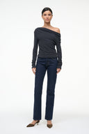 PHILOMENA charcoal long-sleeve one-shoulder draped top with asymmetrical neckline