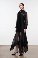 Black sheer shift dress with high neck and draped asymmetrical hem