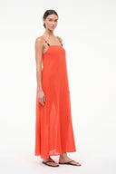 Orange-red maxi cover-up dress with spaghetti straps and a straight neckline