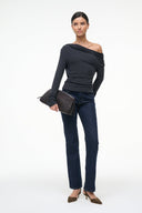 PHILOMENA charcoal long-sleeve off-shoulder draped top with gathered fold