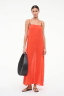 Orange-red maxi cover-up dress with spaghetti straps and side drape