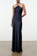 Navy halter maxi dress with fitted silhouette