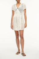 Ivory crochet coverup dress with V-neck and short sleeves