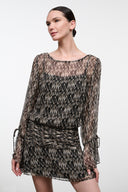 Speckled black and brown long-sleeve mini dress with waist belt and sheer draped sleeves