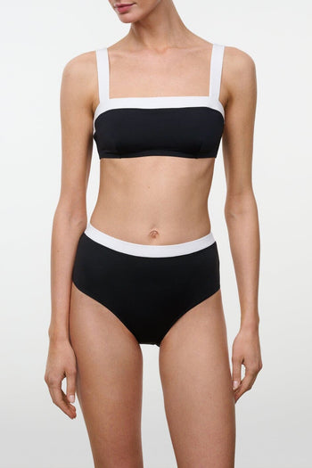 High-rise bikini bottom in black with white waistband trim, full coverage cut
