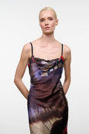 Silk midi dress with draped cowl front, spaghetti straps, multicolor butterfly print