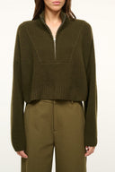 Olive cropped cashmere knit sweater with quarter-zip collar, ribbed cuffs and hem