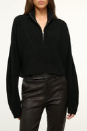 Black cashmere cropped sweater with half-zip collar and ribbed knit cuffs