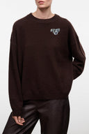 Dark chocolate cashmere crewneck sweater with dog logo on left chest, relaxed fit