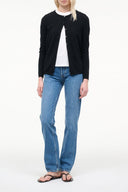 Black cashmere cardigan sweater with open front and long sleeves