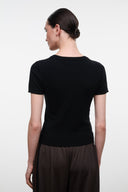 Black cashmere crewneck tee, back view, short sleeves