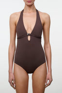 Dark chocolate halter one-piece swimsuit with cutout ring at front