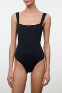 Black square-neck one-piece swimsuit with thin shoulder straps