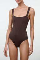 One-piece swimsuit in dark chocolate with thin straps and square neckline