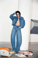 Denim jacket and high-rise jeans set, blue wash, with matching wide-leg pants