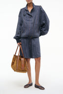 Simone chambray jacket with button front, pointed collar, and flap chest pockets