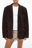 Espresso suede jacket with notch lapels, button front, and flap pockets