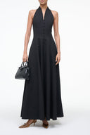 Black sleeveless halter maxi dress with button front and flared skirt