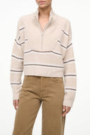 Cropped cashmere zip-neck sweater in beige with bold horizontal stripe bands