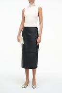 Black leather wrap midi skirt with front overlap and straight, fitted cut