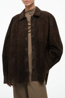 Espresso brown suede button-up shirt with collar and chest flap pockets