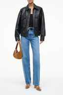 EUGENE black leather jacket with zip front and stand collar
