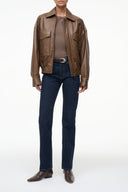 EUGENE leather jacket in truffle brown with stand collar, center zip, and flap pockets
