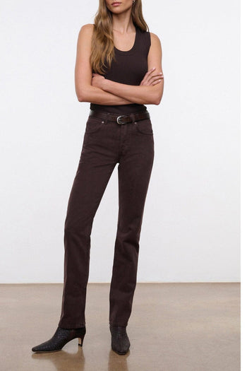 Straight leg jeans in dark brown with belt loops, front button, and pockets