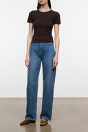 Women’s high-rise vintage wash blue jeans, wide straight legs with belt loops