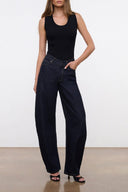 Indigo barrel jeans, wide-leg fit with front pockets and button fly