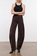 Dark brown barrel jeans with wide straight legs and front zipper closure