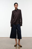 Long-sleeve earth-brown satin-silk top with stand collar, button front
