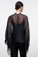 Black sheer long-sleeve top with back neck tie and opaque underlayer