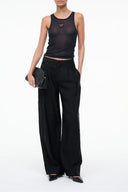 Black wide-leg pants with relaxed drape and smooth waistband