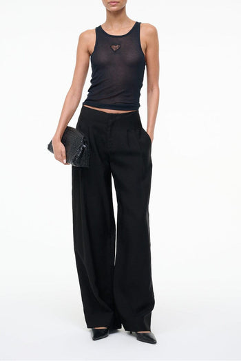 Black wide-leg pants with relaxed drape and smooth waistband