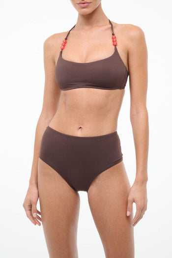 Dark chocolate flame bikini top with scoop neckline and adjustable shoulder straps