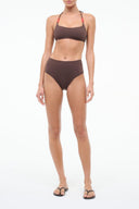 High-rise bikini bottom in dark chocolate, solid swim fabric